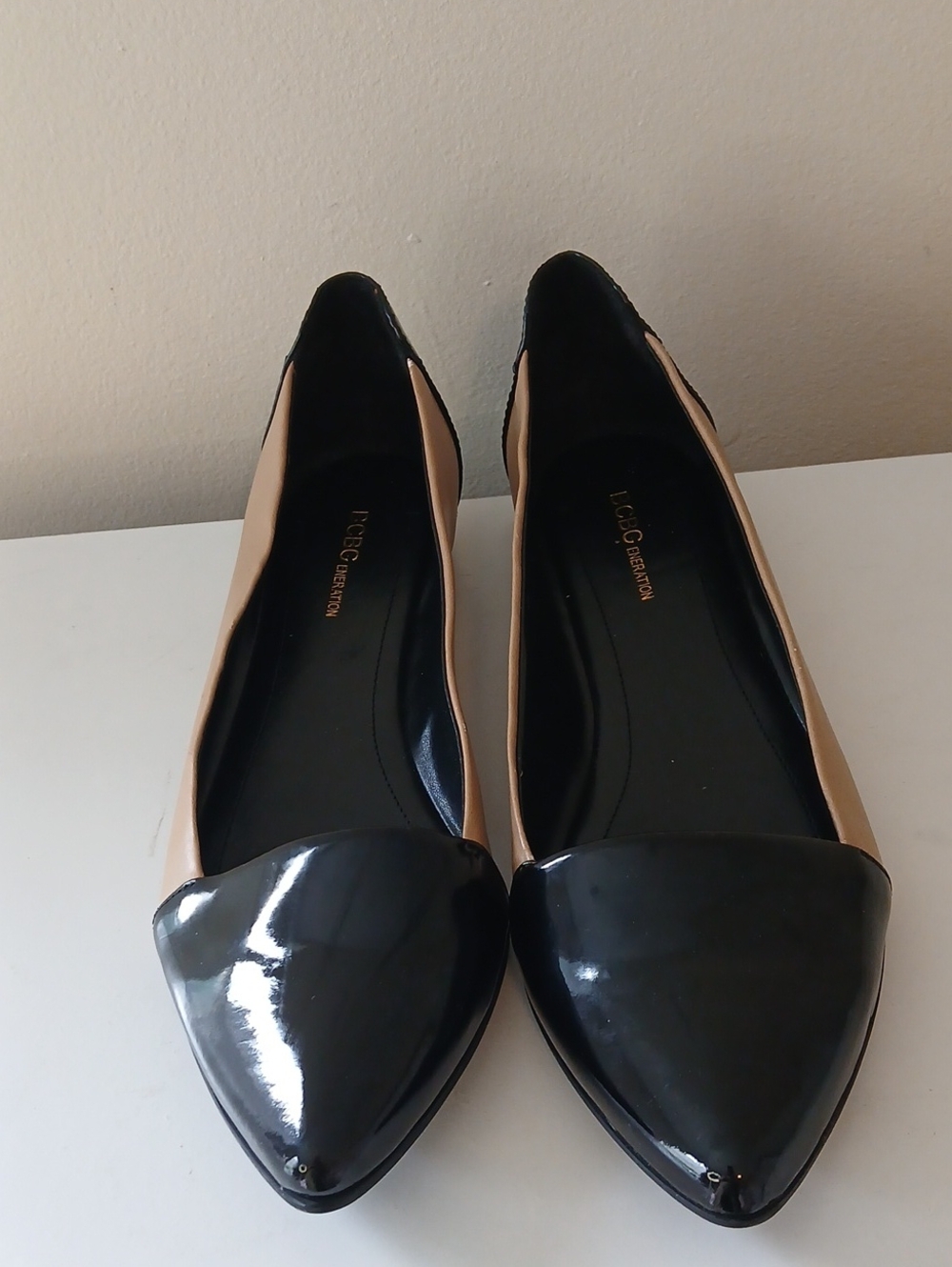 BCBGeneration Two-Tone Pointed Toe Slip-On Flats in Black and Nude